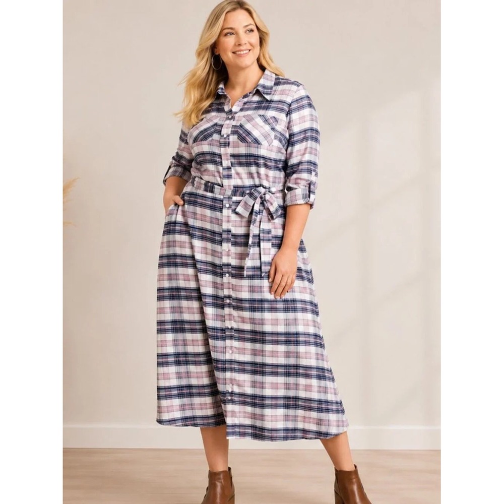 Lane Bryant Womens Pink Navy Plaid Button Front Midi Shirt Dress Size 20 NWOT - Picture 2 of 8